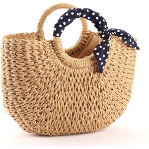 YXILEE Beach tote; Handmade Womens Straw Handbag; Tan Straw w/ Polka Dot Scarf
